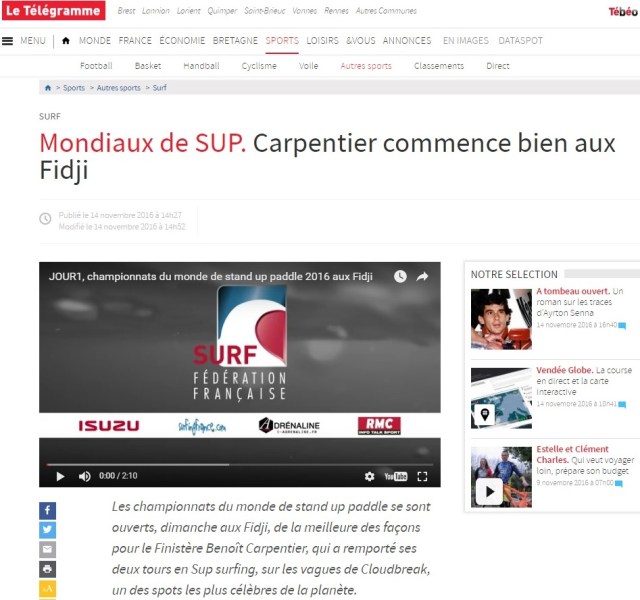 Lire l'article et voir la vidéo sur le site internet du Télégramme ®Benoit-CARPENTIER-Parution-page-sports- 14nov2016©-LeTelegramme